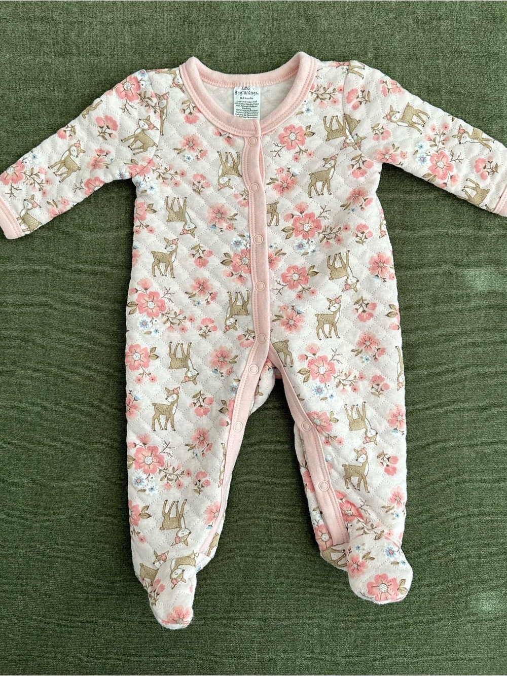 Little Beginnings Baby Girl Quilted Sleeper 0-3M Pink Floral Deer Snaps Footed